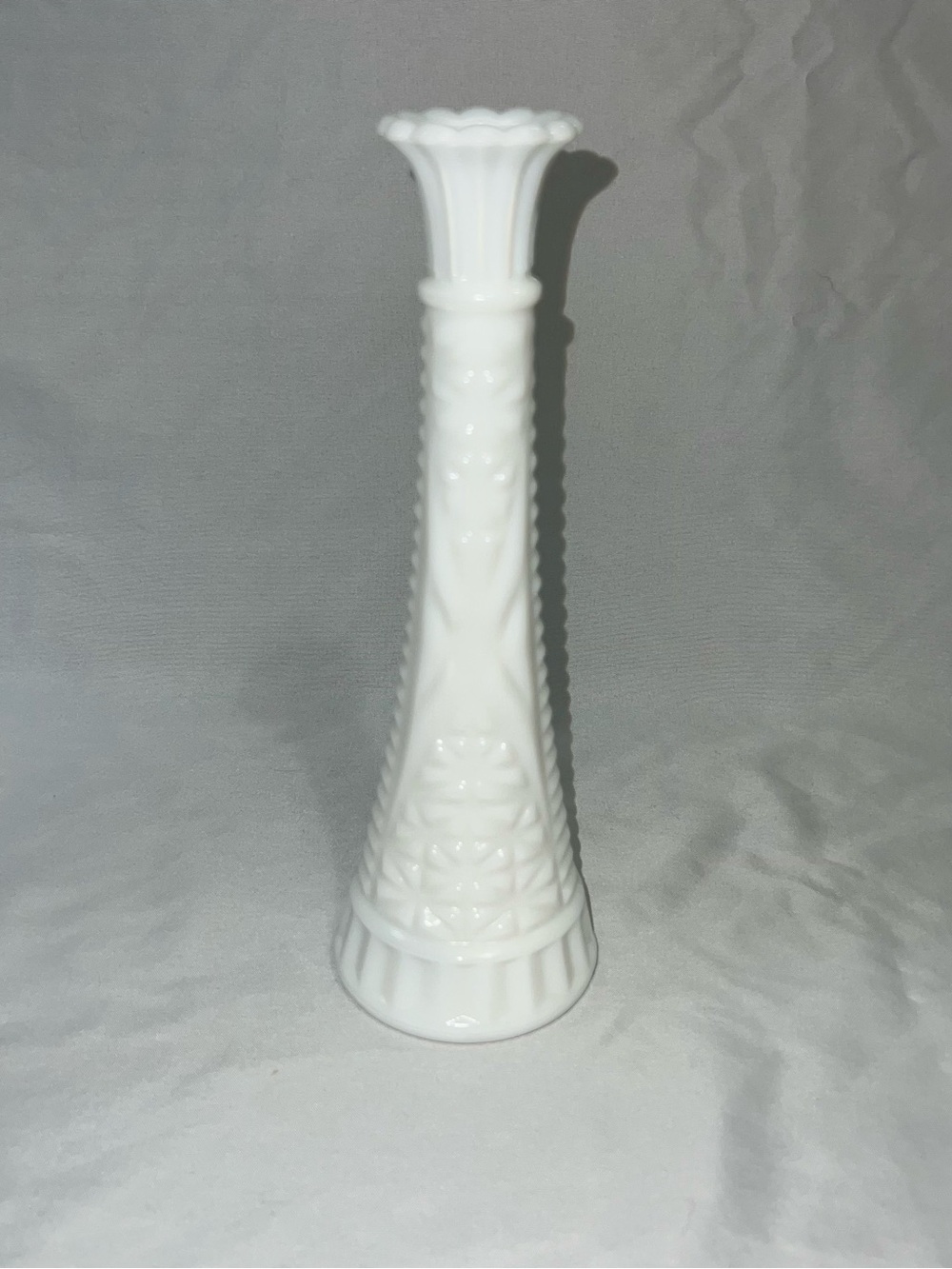 Vintage White Milk Glass Bud Vase with Floral Relief 9 inches